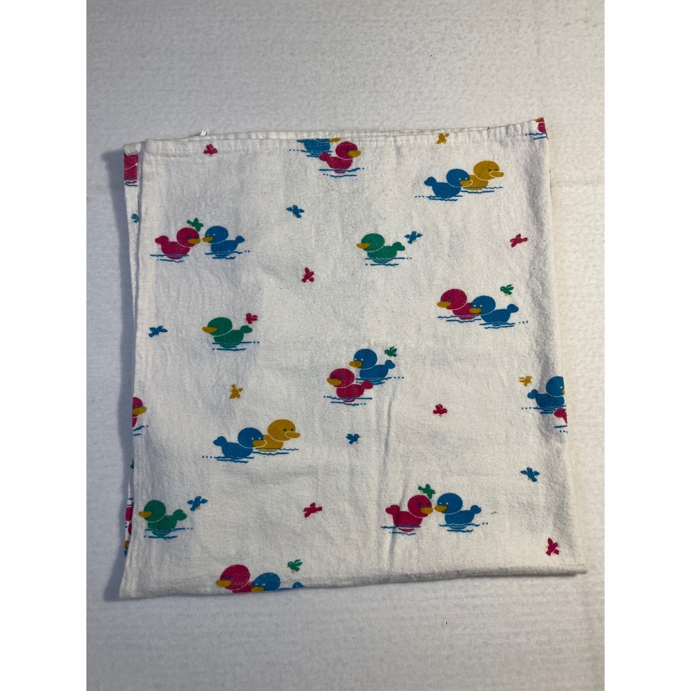 Vintage Medline‎ White 100% Cotton Baby Receiving Blanket Colorful Duck Flannel
